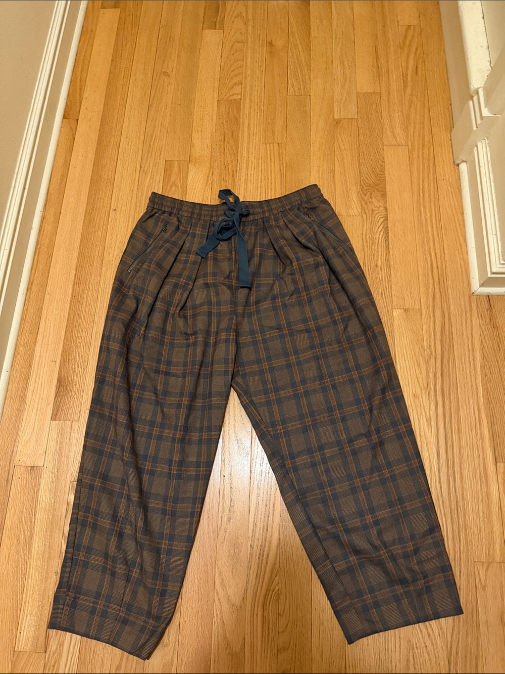 Free People Brown and Blue Plaid Drawstring Chinos
